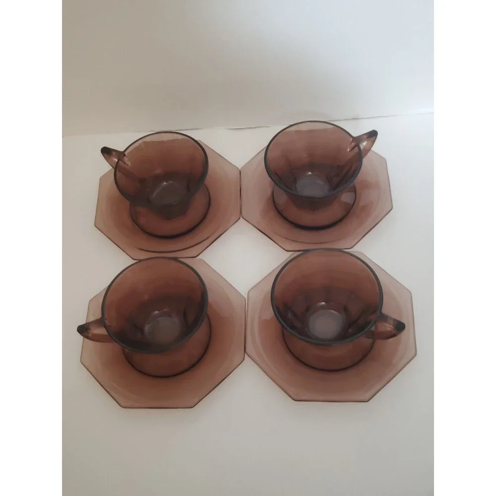 Hazel Atlas Moroccans Amethyst Cups & Saucers Purple Flared Octagon Vtg 8 Pc Set